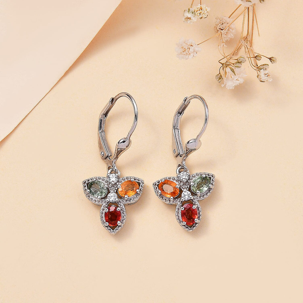 Rainbow Sapphire and Natural Zircon Floral Dangle Earrings in Rhodium Overlay Sterling Silver 1.40 Ct 7812958 2