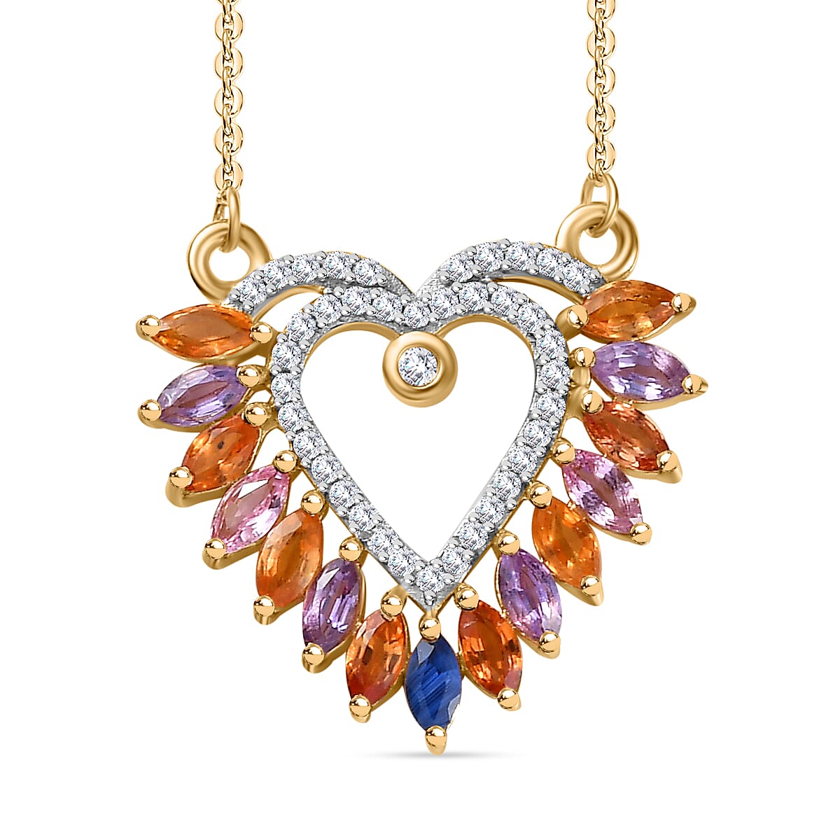 Rainbow Sapphire &amp; Natural Zircon Heart Necklace (Size - 20) in 18K Vermeil Yellow Gold Plated Sterling Silver 1.91 Ct. 7813042 0