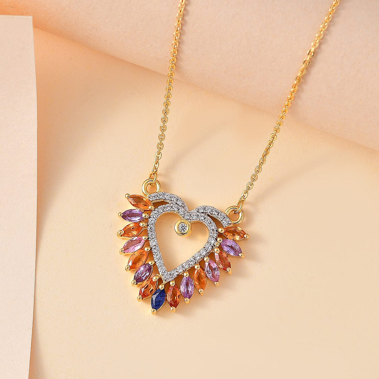 Rainbow Sapphire &amp; Natural Zircon Heart Necklace (Size - 20) in 18K Vermeil Yellow Gold Plated Sterling Silver 1.91 Ct. 7813042 2