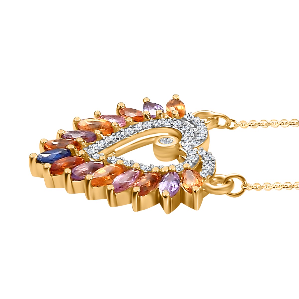 Rainbow Sapphire &amp; Natural Zircon Heart Necklace (Size - 20) in 18K Vermeil Yellow Gold Plated Sterling Silver 1.91 Ct. 7813042 3