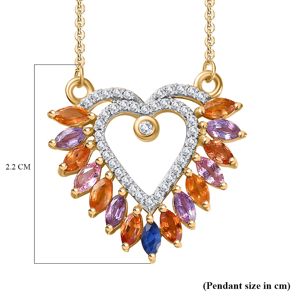 Rainbow Sapphire &amp; Natural Zircon Heart Necklace (Size - 20) in 18K Vermeil Yellow Gold Plated Sterling Silver 1.91 Ct. 7813042 5