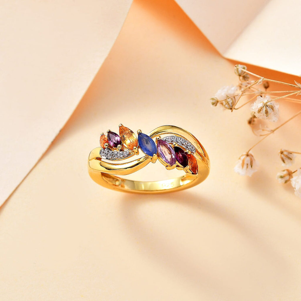 Rainbow Sapphire & Natural Zircon Ring in 18K YG Vermeil Plated Sterling Silver 1.01 Ct