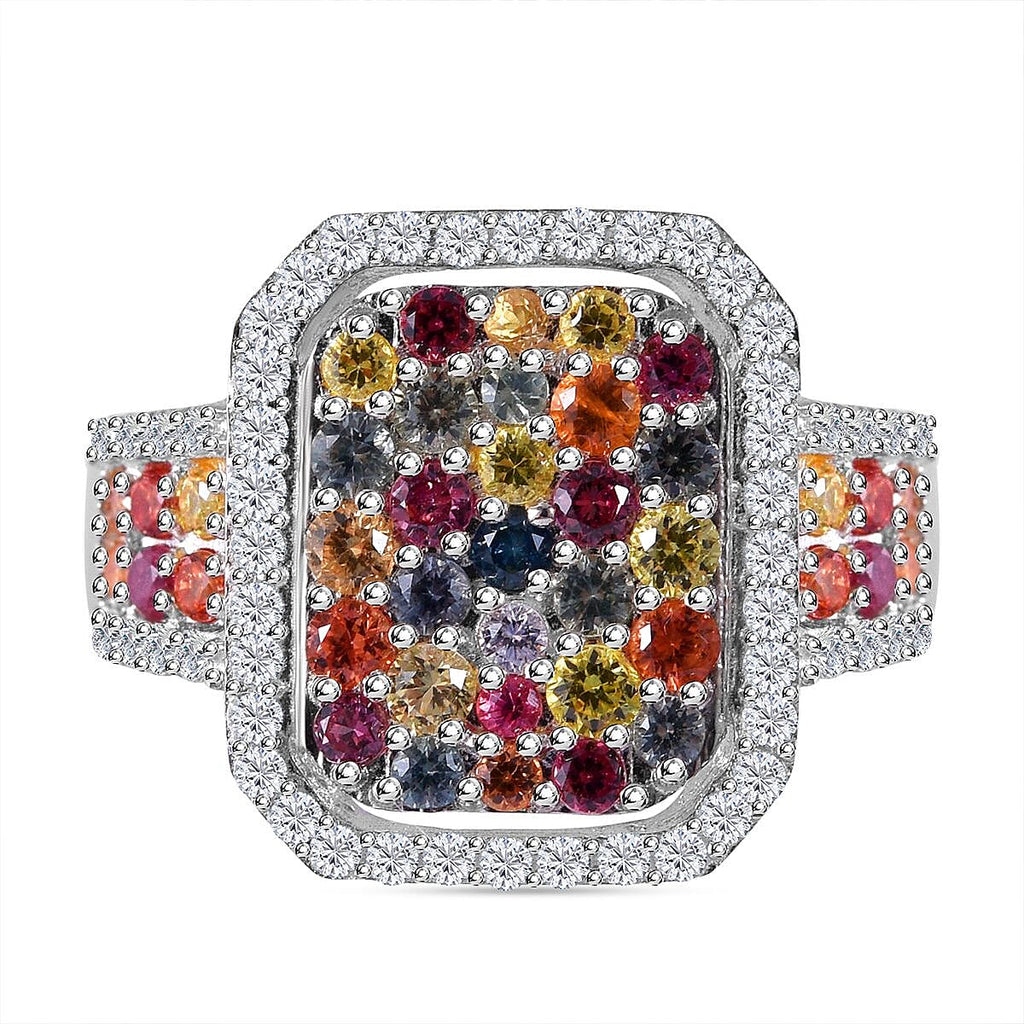 Multi Sapphire and Natural Zircon Halo Ring in Platinum Overlay Sterling Silver 2.52 Ct, Silver Wt. 5.5 Gms
