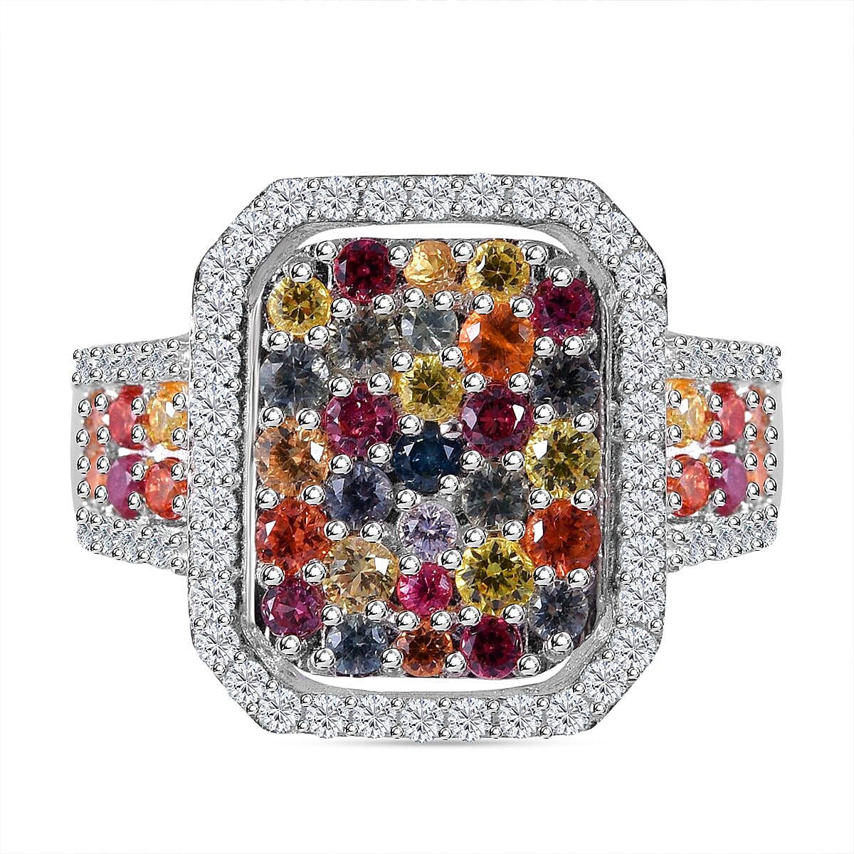 Multi Sapphire and Natural Zircon Halo Ring in Platinum Overlay Sterling Silver 2.52 Ct, Silver Wt. 5.5 Gms 7518188 0