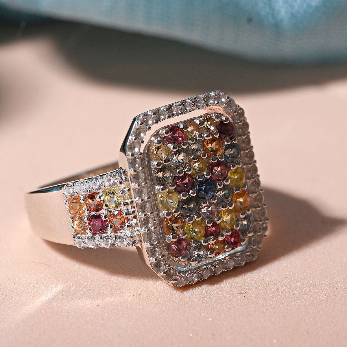 Multi Sapphire and Natural Zircon Halo Ring in Platinum Overlay Sterling Silver 2.52 Ct, Silver Wt. 5.5 Gms 7518188 2