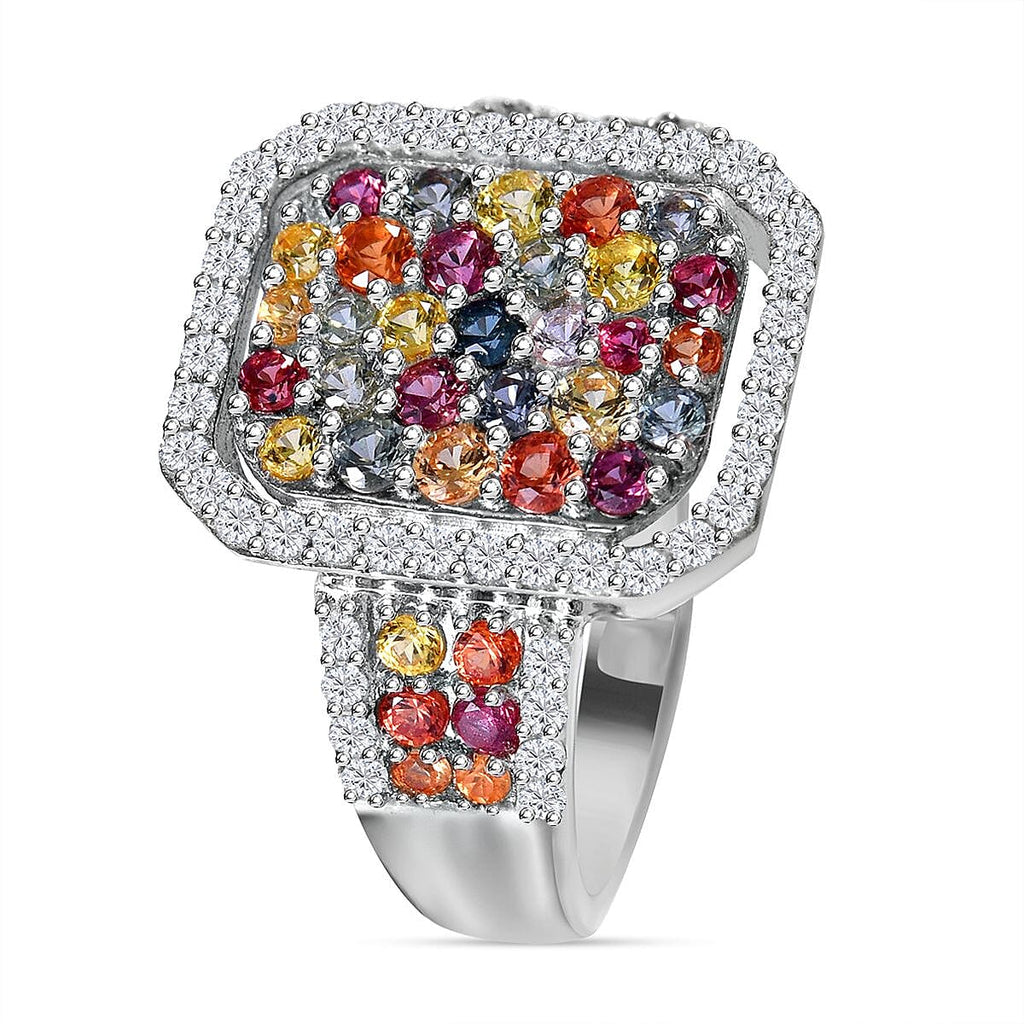 Multi Sapphire and Natural Zircon Halo Ring in Platinum Overlay Sterling Silver 2.52 Ct, Silver Wt. 5.5 Gms