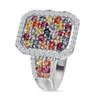 Multi Sapphire and Natural Zircon Halo Ring in Platinum Overlay Sterling Silver 2.52 Ct, Silver Wt. 5.5 Gms