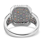 Multi Sapphire and Natural Zircon Halo Ring in Platinum Overlay Sterling Silver 2.52 Ct, Silver Wt. 5.5 Gms