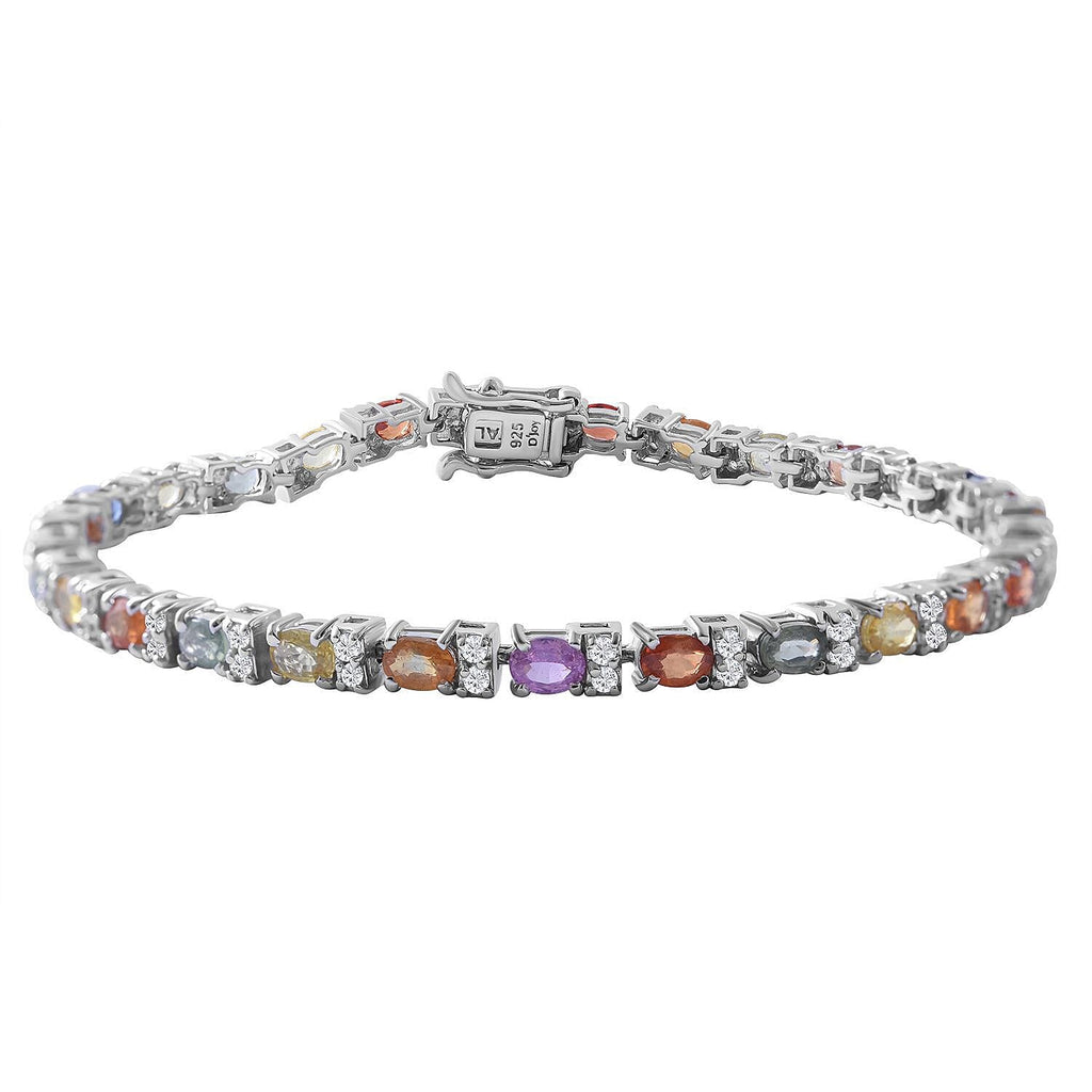 Multi Sapphire and Natural Cambodian Zircon Bracelet (Size - 8) in Rhodium Overlay Sterling Silver 8.56 Ct, Silver Wt. 8.50 Gms.