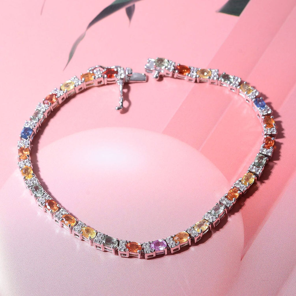 Multi Sapphire and Natural Cambodian Zircon Bracelet (Size - 8) in Rhodium Overlay Sterling Silver 8.56 Ct, Silver Wt. 8.50 Gms.