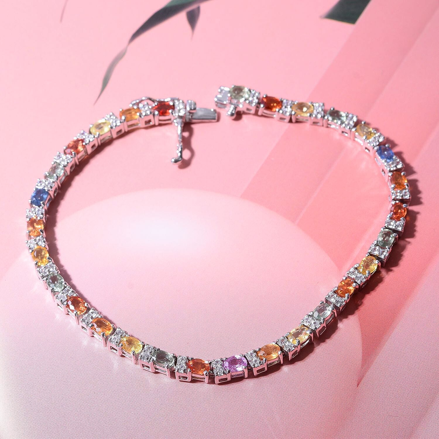 Multi Sapphire and Natural Cambodian Zircon Bracelet (Size - 7) in Rhodium Overlay Sterling Silver 7.56 Ct, Silver Wt. 7.80 Gms 7255909 1