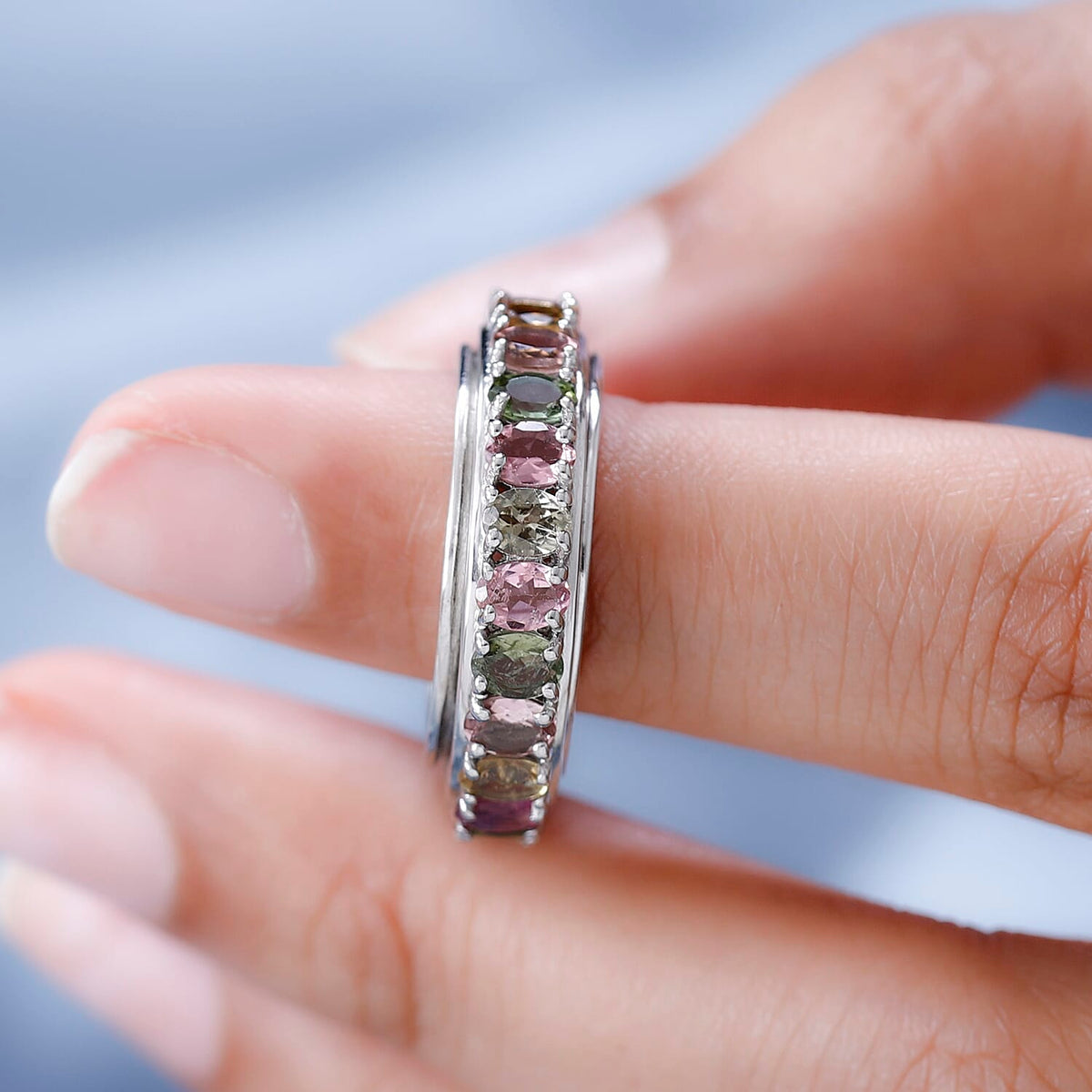 Multi-Tourmaline Spinner Wedding Band Ring in Platinum Overlay Sterling Silver 4.60 ct. 7545588 2