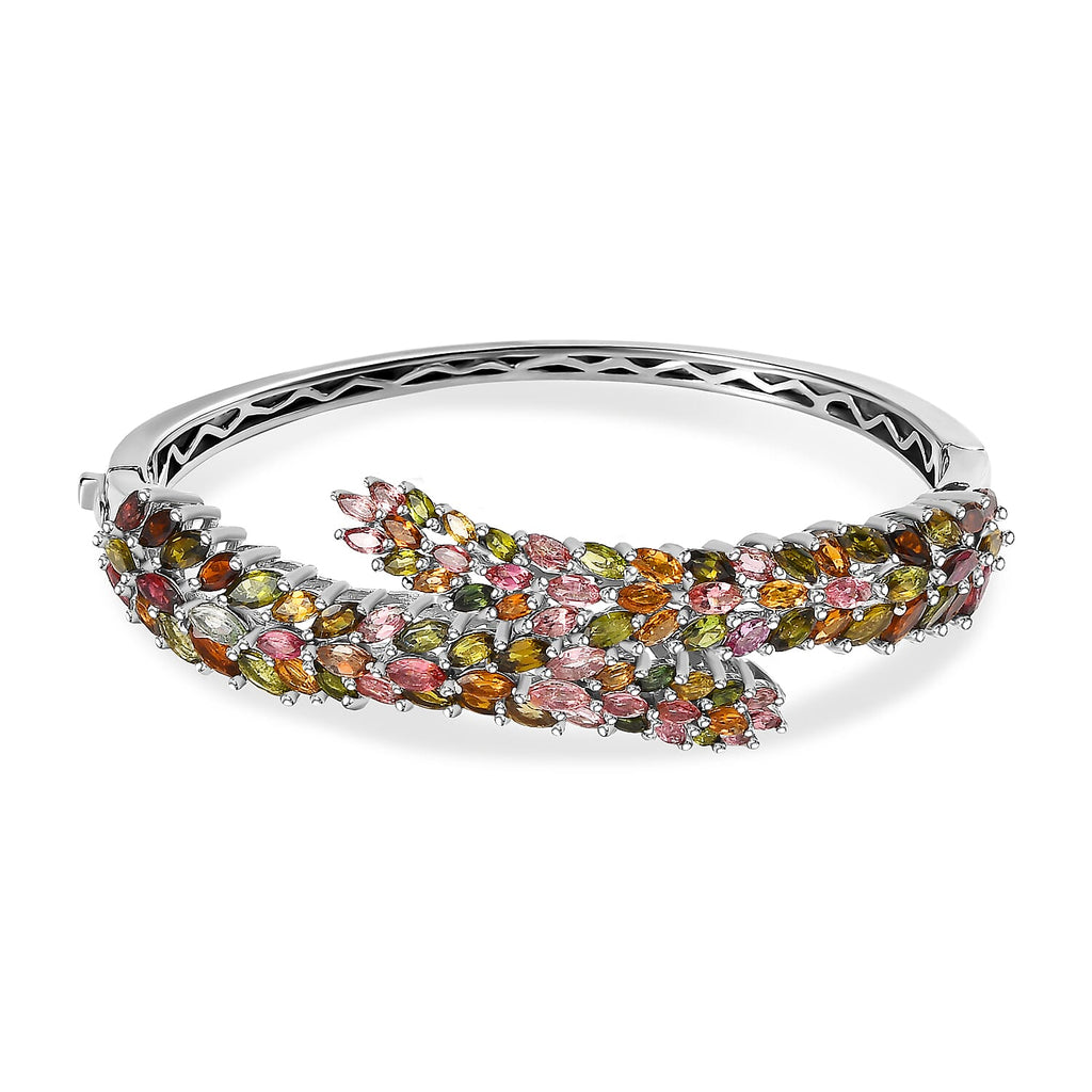 Multi-Tourmaline Bangle (Size - 7.5) with Spring Lock in Platinum Overlay Sterling Silver 15.16 Ct, Silver Wt. 31.25 Gms