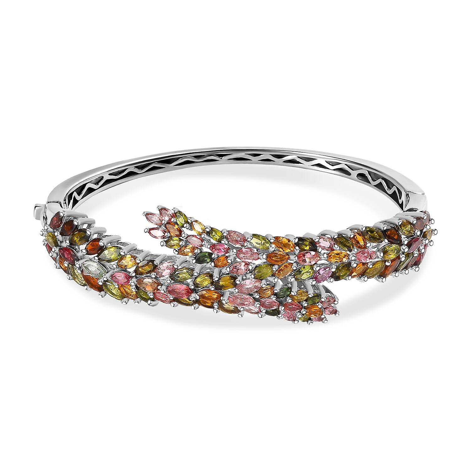 Multi-Tourmaline Bangle (Size - 7.5) with Spring Lock in Platinum Overlay Sterling Silver 15.16 Ct, Silver Wt. 31.25 Gms 7488095 0