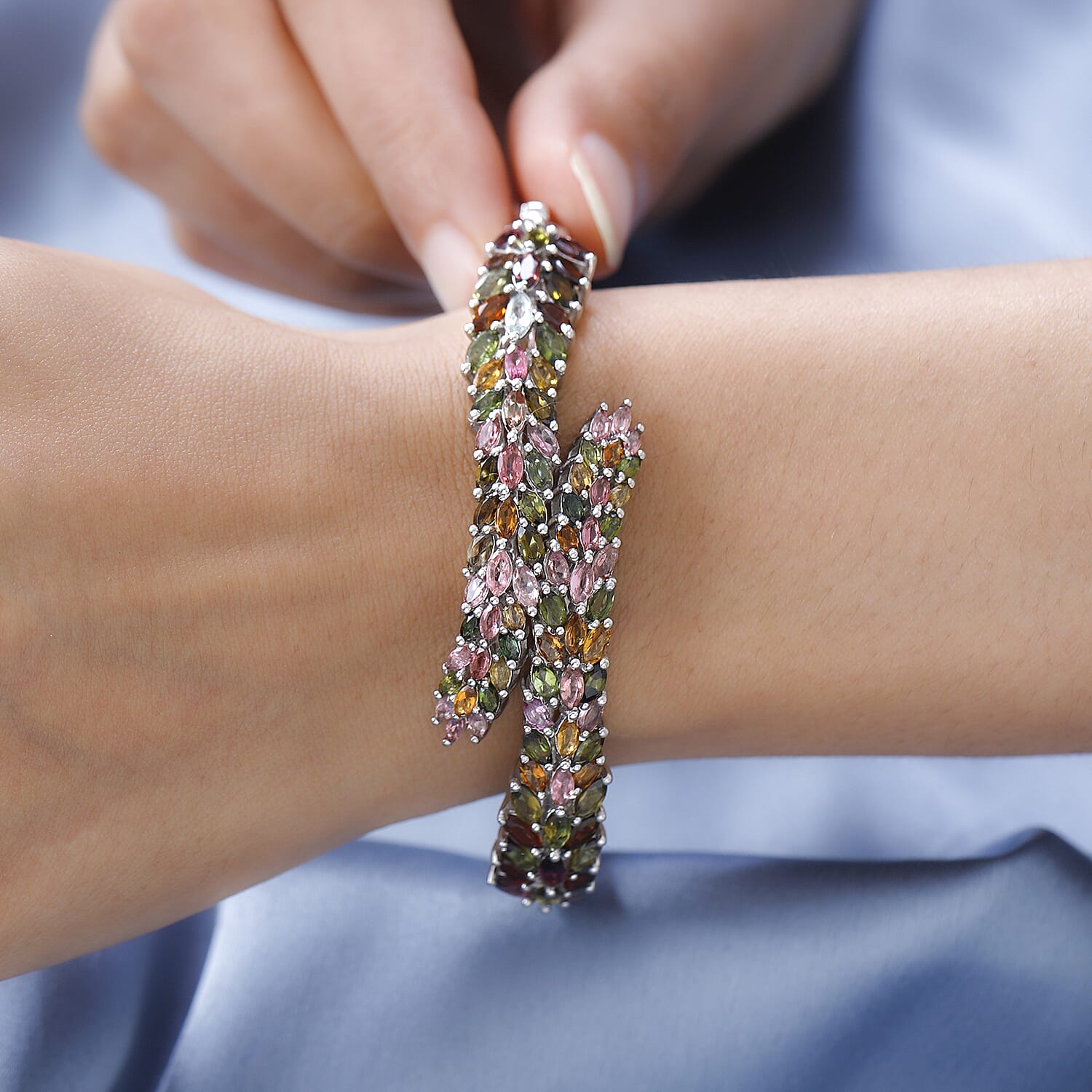 Multi-Tourmaline Bangle (Size - 7.5) with Spring Lock in Platinum Overlay Sterling Silver 15.16 Ct, Silver Wt. 31.25 Gms 7488095 3