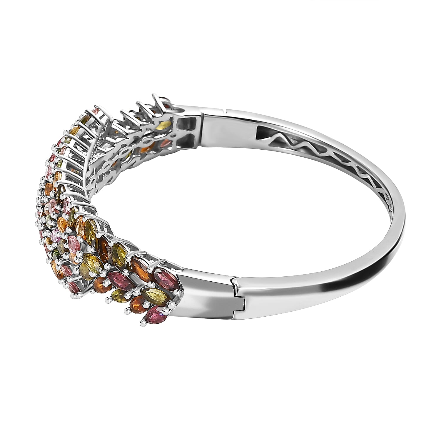 Multi-Tourmaline Bangle (Size - 7.5) with Spring Lock in Platinum Overlay Sterling Silver 15.16 Ct, Silver Wt. 31.25 Gms 7488095 4