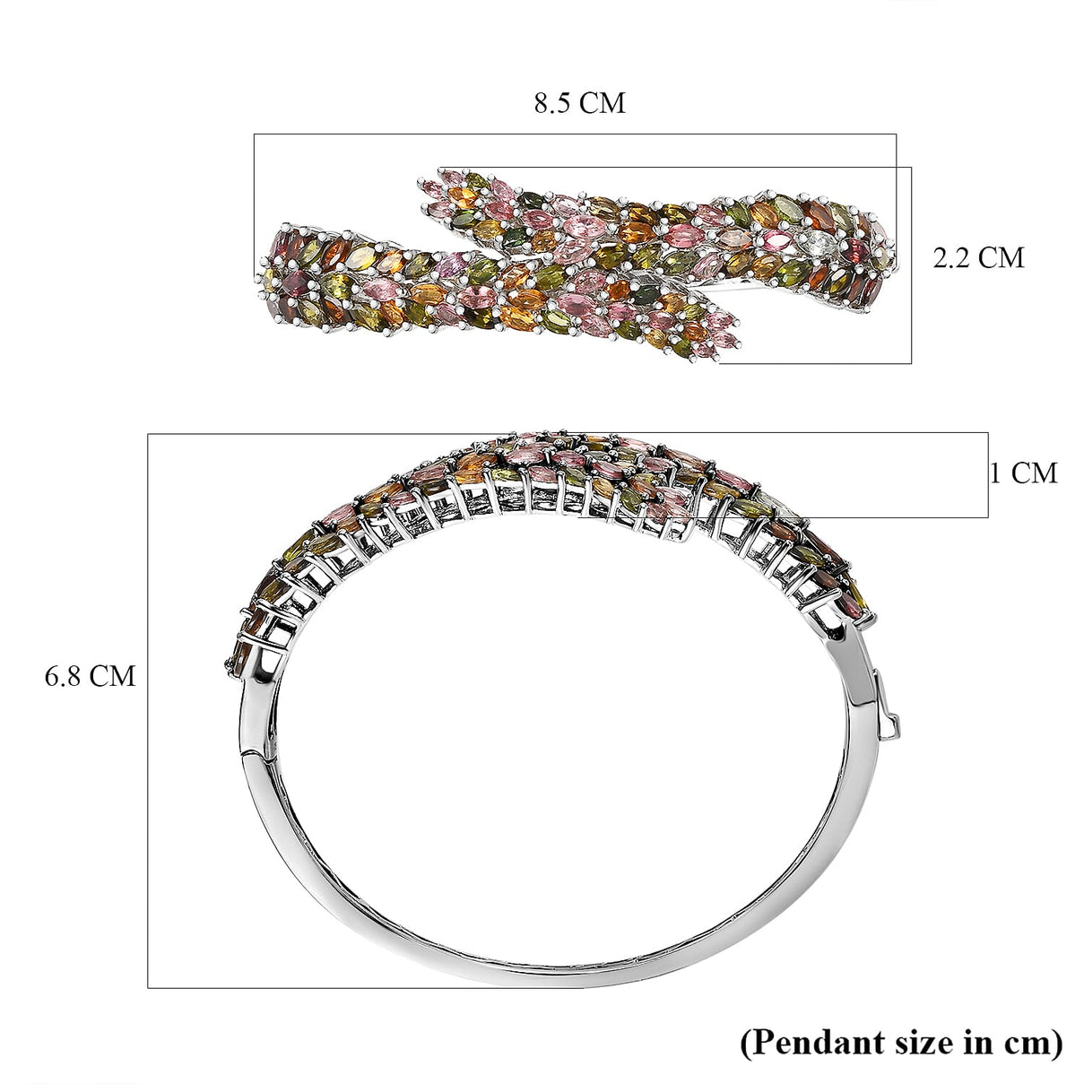 Multi-Tourmaline Bangle (Size - 7.5) with Spring Lock in Platinum Overlay Sterling Silver 15.16 Ct, Silver Wt. 31.25 Gms 7488095 6