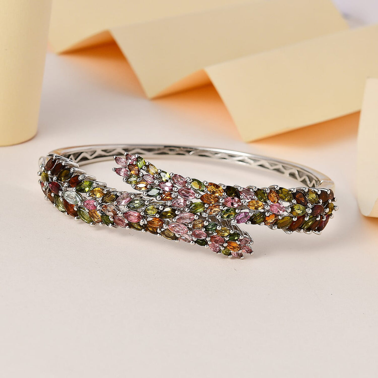 Multi-Tourmaline Bangle (Size - 7.5) with Spring Lock in Platinum Overlay Sterling Silver 15.16 Ct, Silver Wt. 31.25 Gms 7488095 8