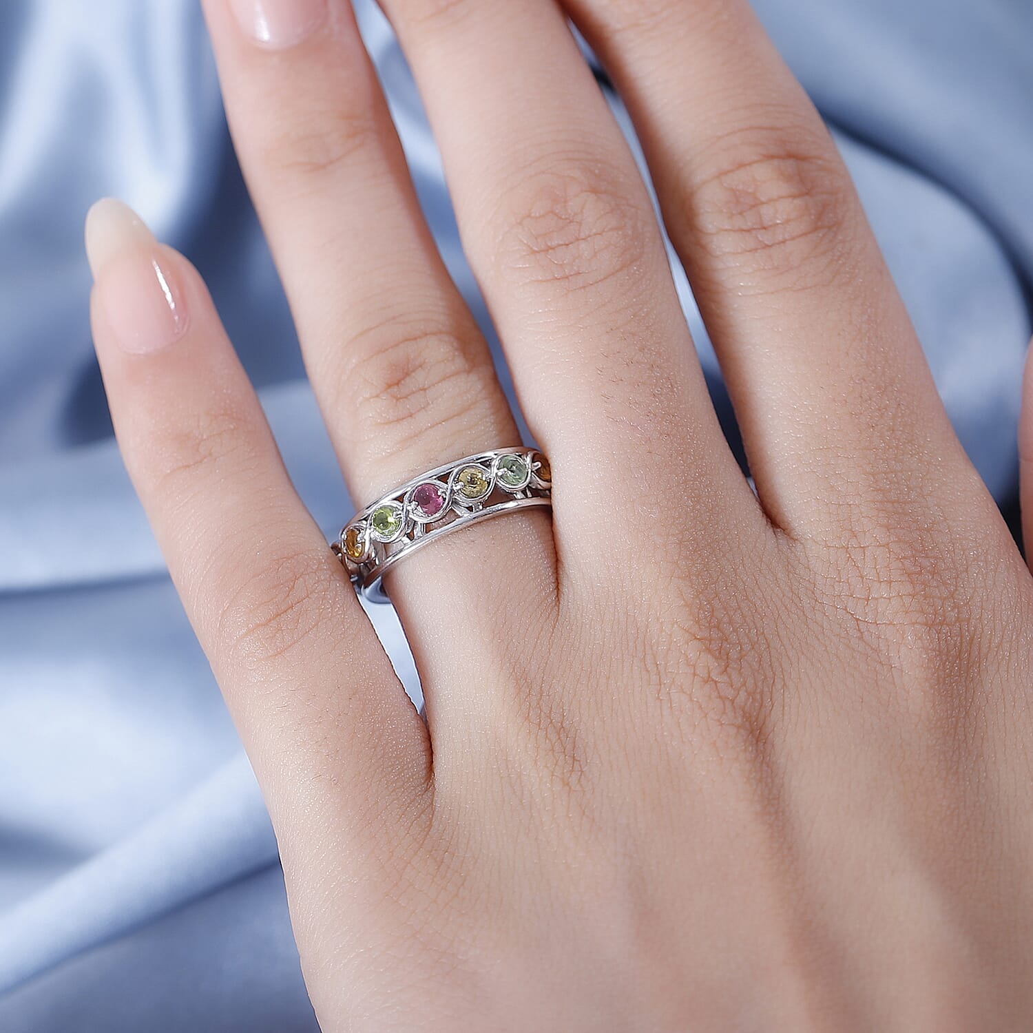 GP Multi Tourmaline Band Ring in Rhodium Overlay Sterling Silver 7855094 3