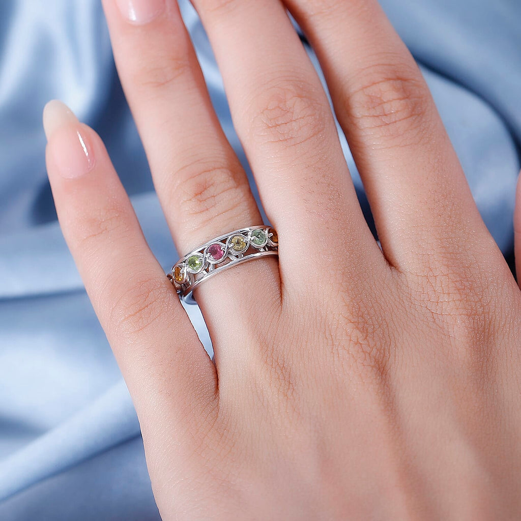 Multi Tourmaline Band Ring in Rhodium Overlay Sterling Silver     1.14 Ct