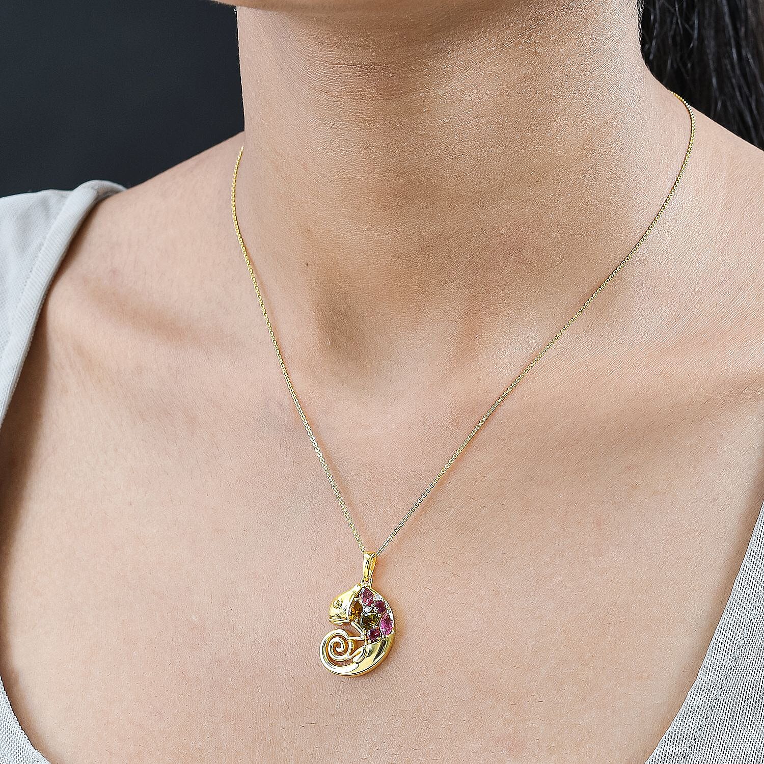 GP Italian Garden Collection - Multi-Tourmaline &amp; Natural Zircon Pendant with Chain (Size 20) in 18K Vermeil YG Plated Sterling Silver 1.40 Ct, Silver Wt. 6.63 Gms 4235915 2