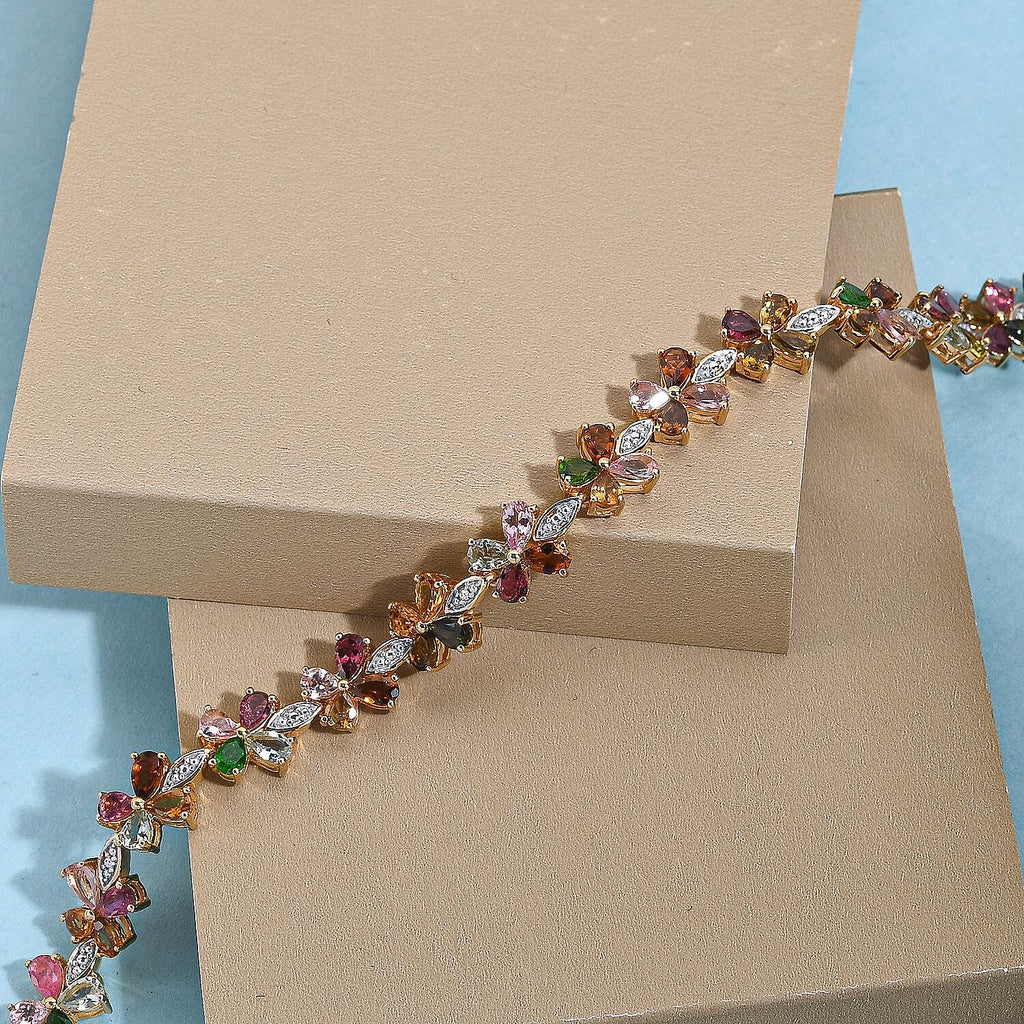 Multi-Tourmaline Floral Bracelet (Size - 7.5) in 18K Vermeil Yellow Gold And Platinum Overlay Sterling Silver 11.10 Ct, Silver Wt. 13.31 Gms