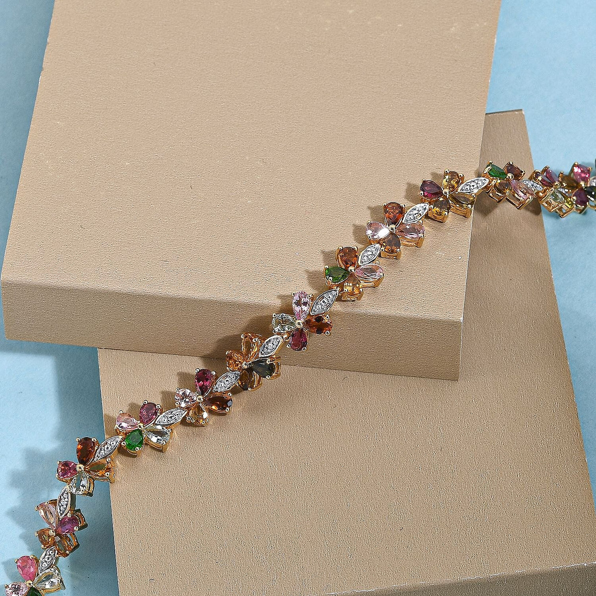 Multi-Tourmaline Floral Bracelet (Size - 7.5) in 18K Vermeil Yellow Gold And Platinum Overlay Sterling Silver 11.10 Ct, Silver Wt. 13.31 Gms 7084002 2