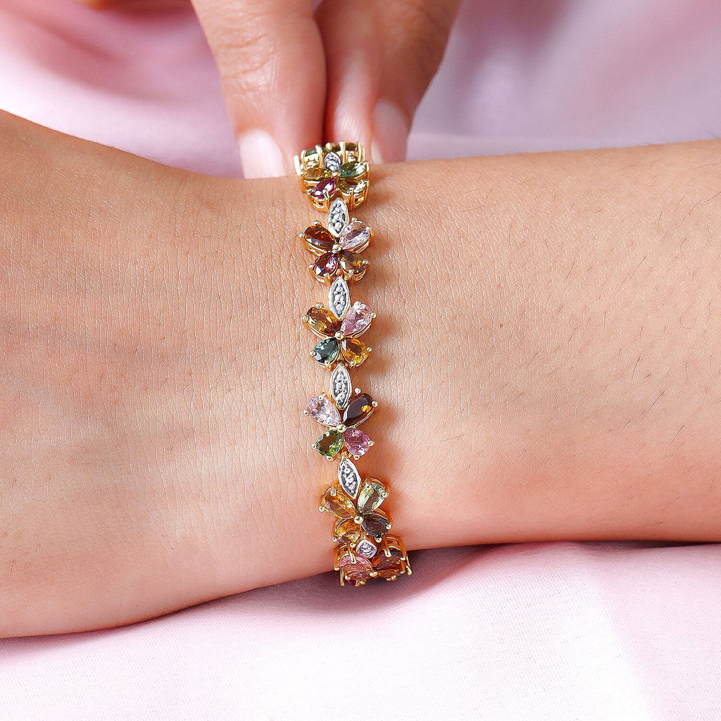 Multi-Tourmaline Floral Bracelet (Size - 7.5) in 18K Vermeil Yellow Gold And Platinum Overlay Sterling Silver 11.10 Ct, Silver Wt. 13.31 Gms