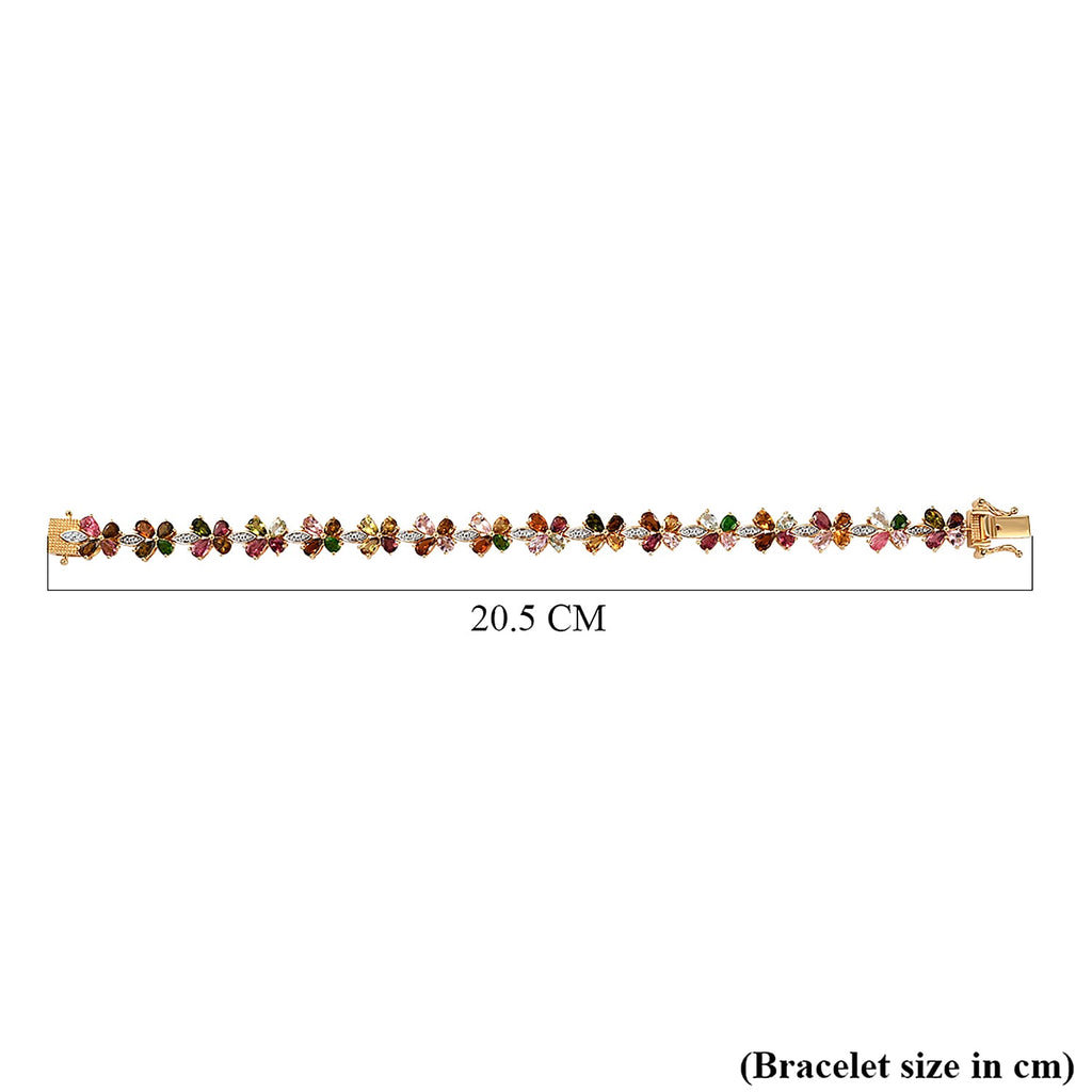 Multi-Tourmaline Floral Bracelet (Size - 7.5) in 18K Vermeil Yellow Gold And Platinum Overlay Sterling Silver 11.10 Ct, Silver Wt. 13.31 Gms