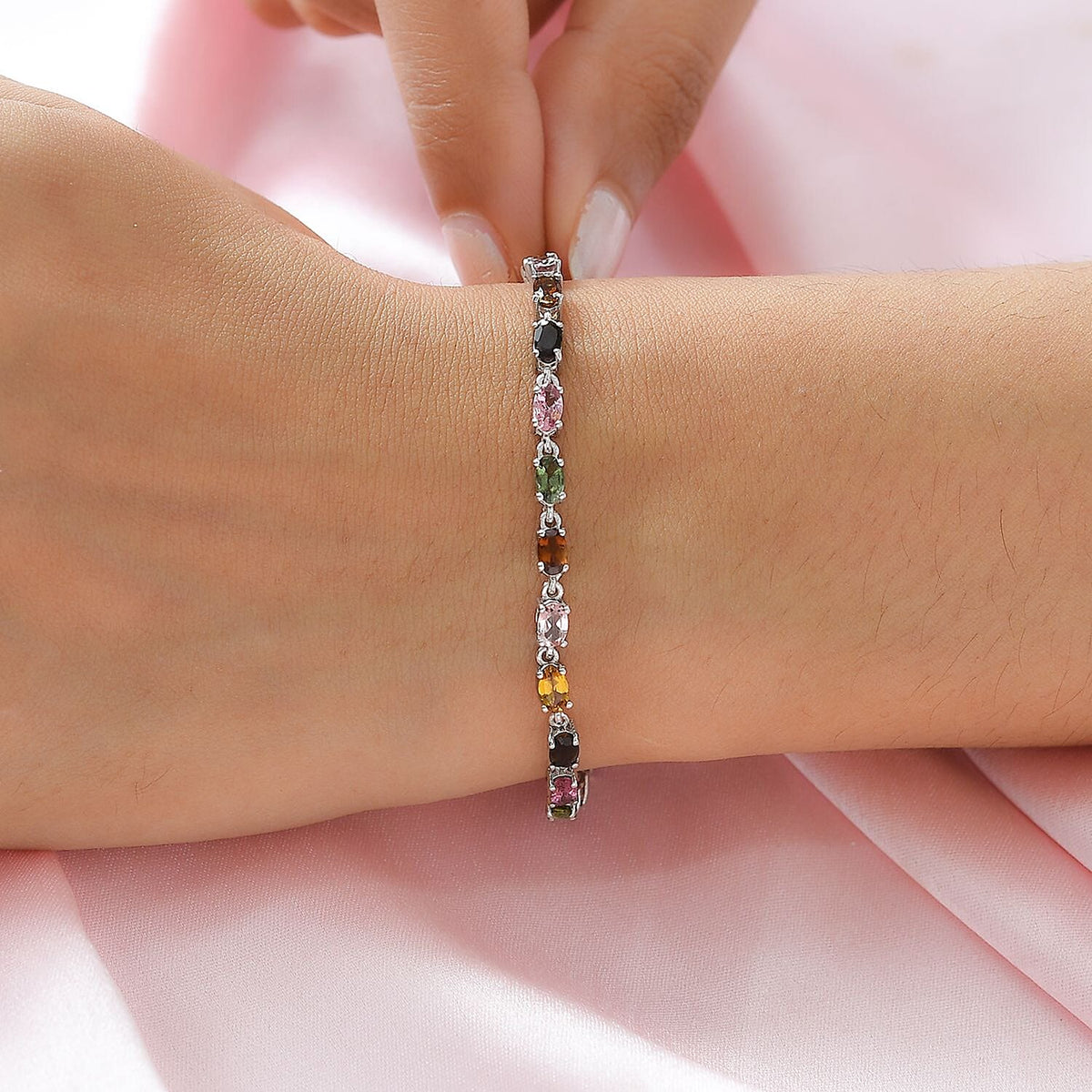 One Time Deal- Rainbow Tourmaline Bracelet (Size - 7.5) in Platinum Overlay Sterling Silver 7189013 3