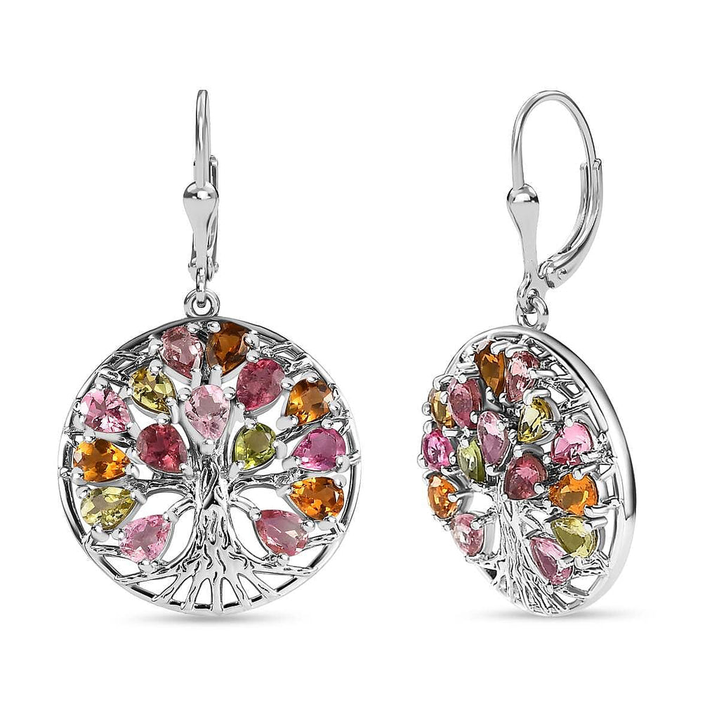 Multi-Tourmaline Tree of Life Earrings in Platinum Overlay Sterling Silver 4.55 Ct, Silver Wt. 5.93 Gms