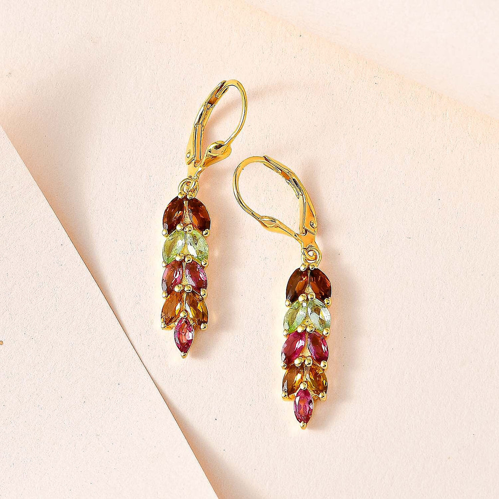 Multi-Tourmaline Leaf Dangle Earrings in 18K Vermeil YG Plated Sterling Silver 2.55 Ct