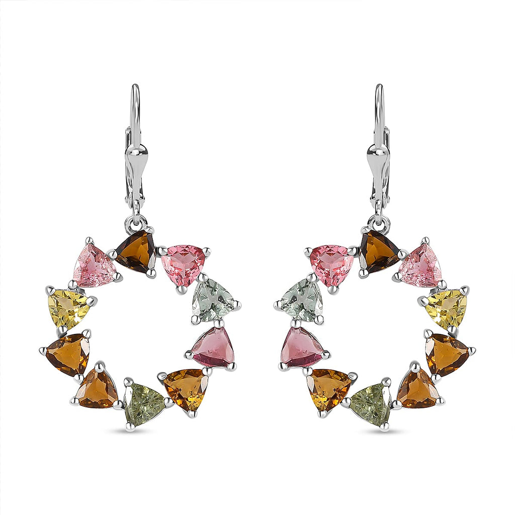 Multi-Tourmaline Circle Drop Earrings in Platinum Overlay Sterling Silver 7.60 Ct, Silver Wt. 5.66 Gms