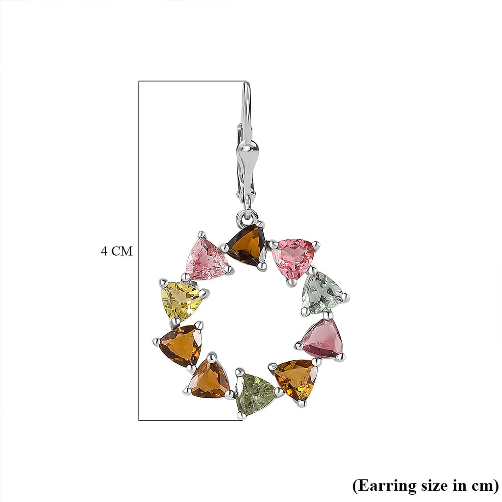 Multi-Tourmaline Circle Drop Earrings in Platinum Overlay Sterling Silver 7.60 Ct, Silver Wt. 5.66 Gms