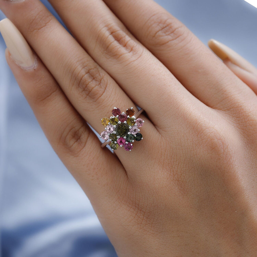 Multi-Tourmaline Cluster Ring in Platinum Overlay Sterling Silver 2.364 Ct.