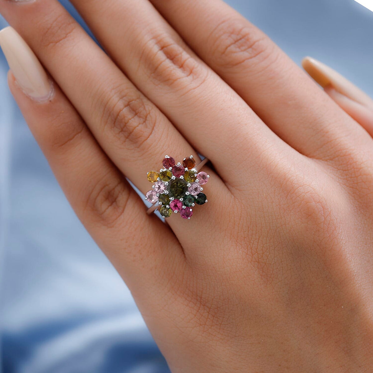 Multi-Tourmaline Cluster Ring in Platinum Overlay Sterling Silver 2.364 Ct. 7327148 6