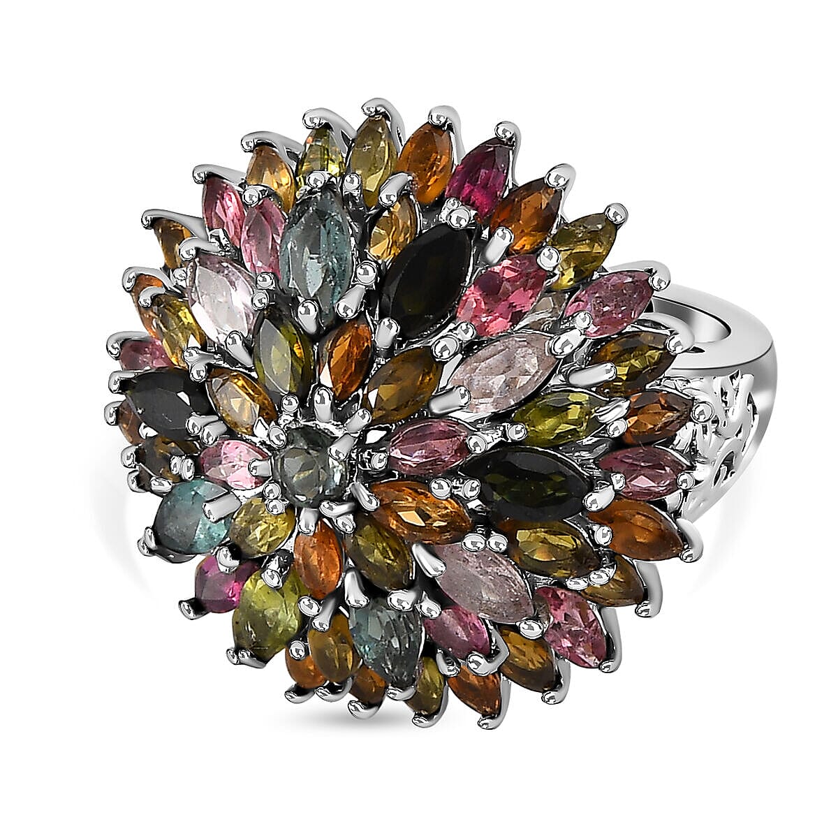 Multi-Tourmaline Cluster Ring in Platinum Overlay Sterling Silver 5.45 Ct, Silver Wt. 7.38 Gms 7320602 0