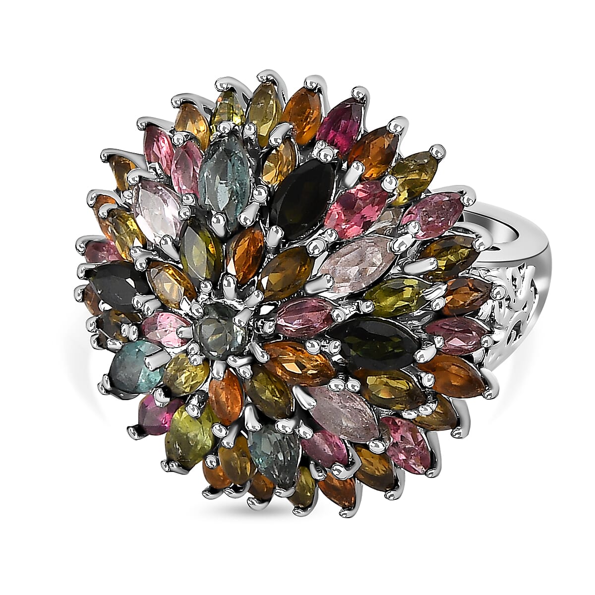 Multi-Tourmaline Cluster Ring in Platinum Overlay Sterling Silver 5.45 Ct, Silver Wt. 7.38 Gms 7320602 2