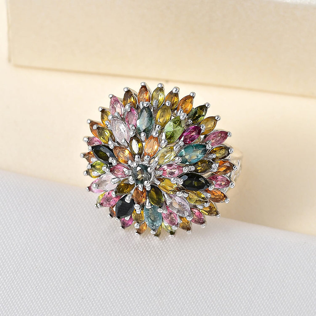 Multi-Tourmaline Cluster Ring in Platinum Overlay Sterling Silver 5.45 Ct, Silver Wt. 7.38 Gms
