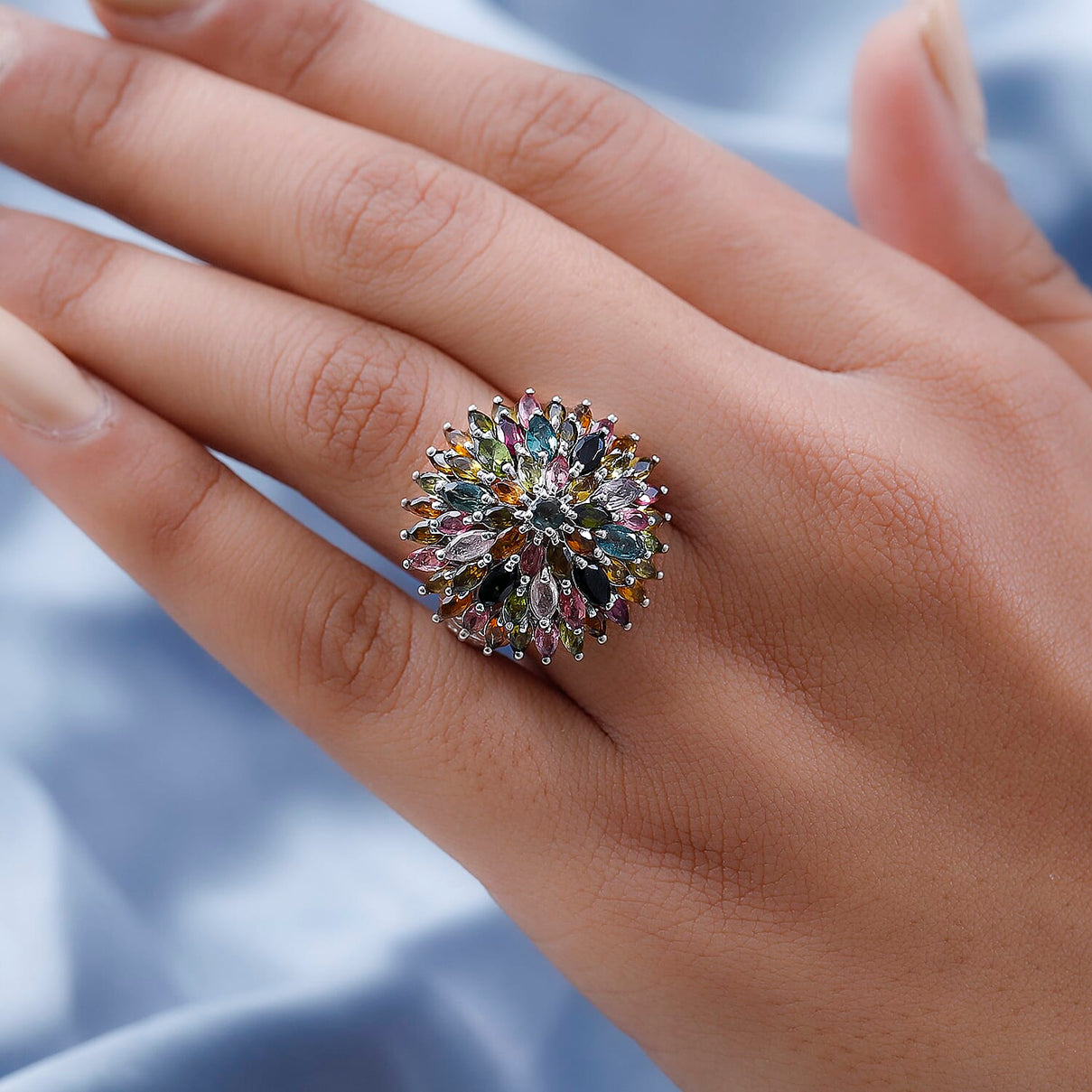 Multi-Tourmaline Cluster Ring in Platinum Overlay Sterling Silver 5.45 Ct, Silver Wt. 7.38 Gms 7320602 6