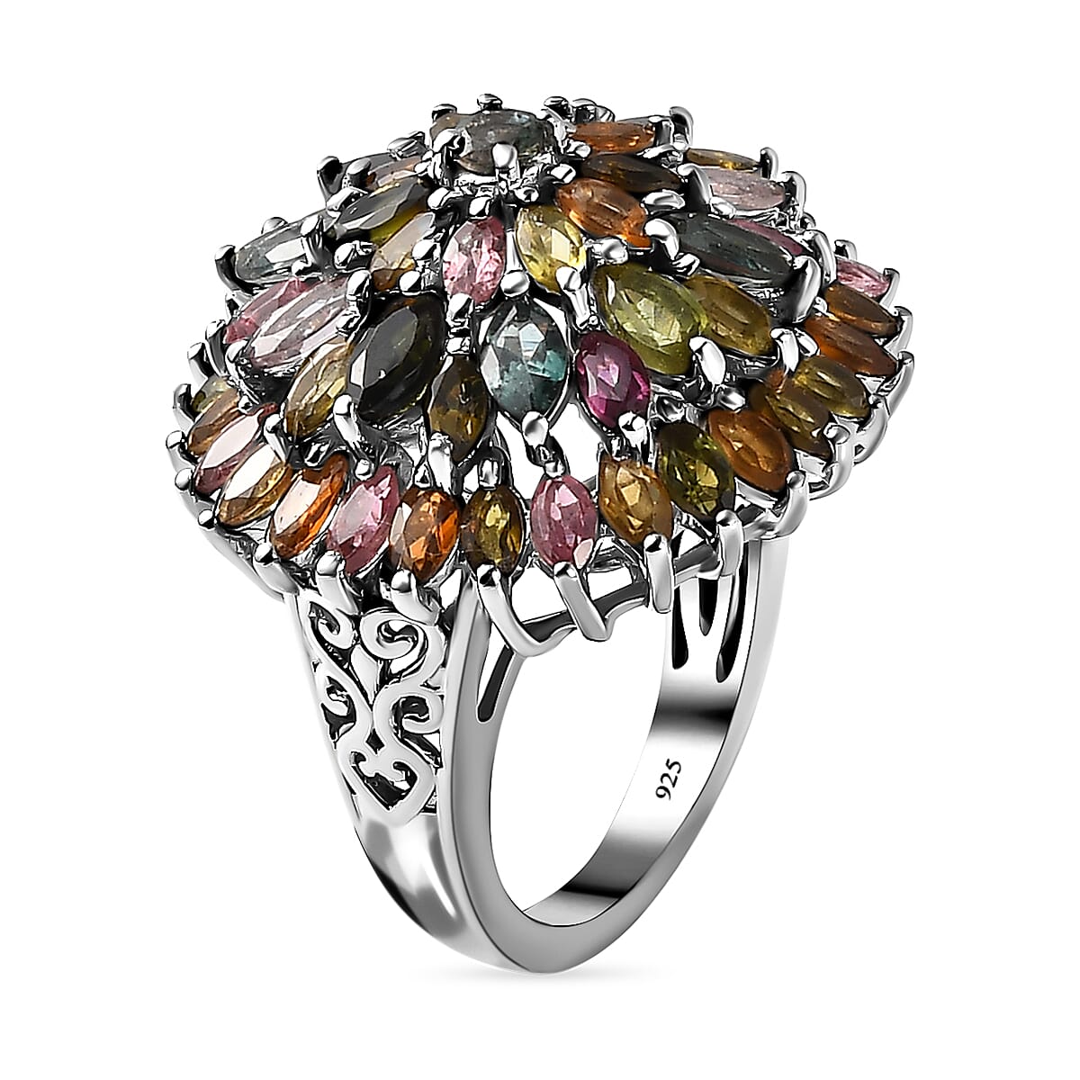Multi-Tourmaline Cluster Ring in Platinum Overlay Sterling Silver 5.45 Ct, Silver Wt. 7.38 Gms 7320602 8