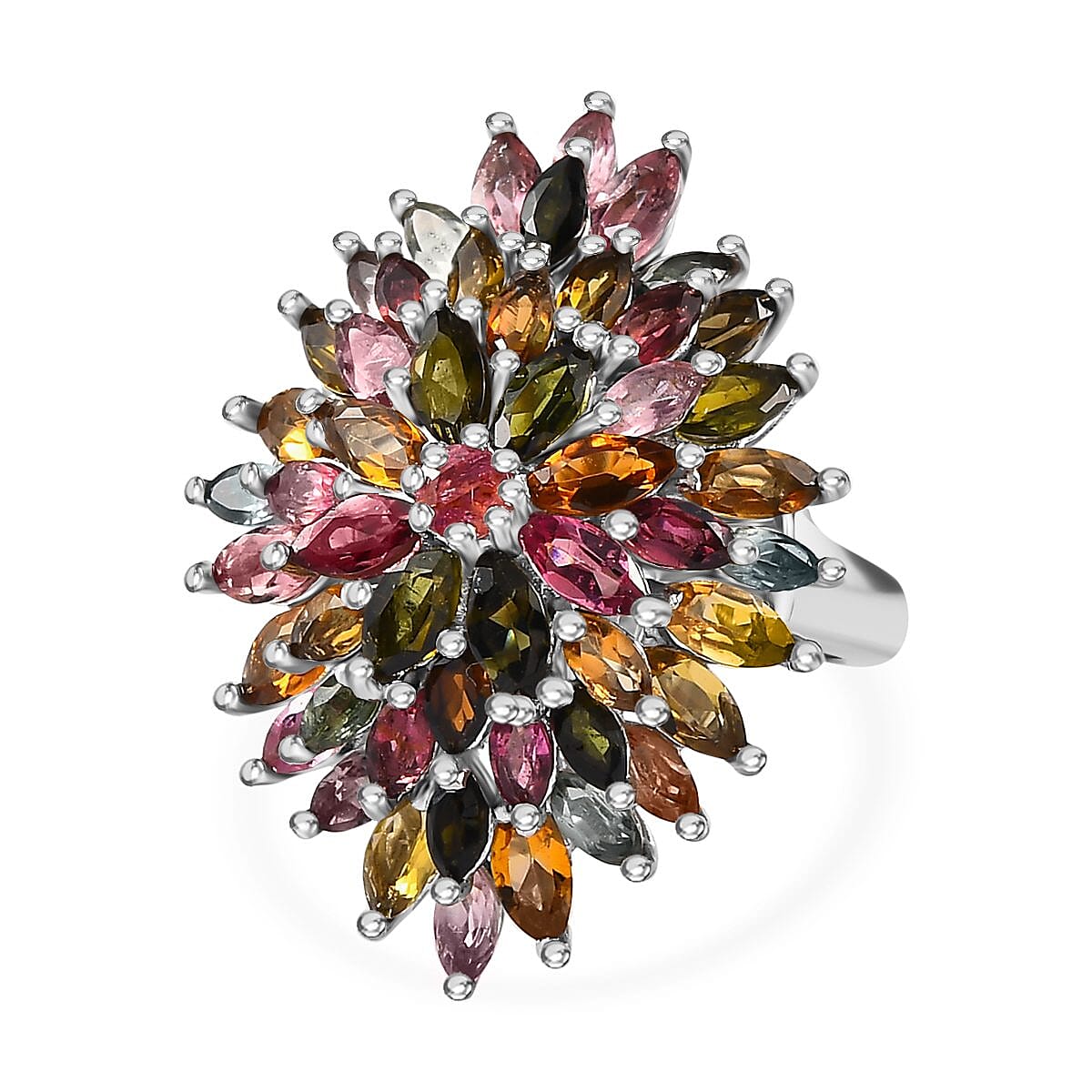 Multi-Tourmaline Cluster Ring in Platinum Overlay Sterling Silver 6.75 Ct, Silver Wt. 7.24 GM 7456955 2