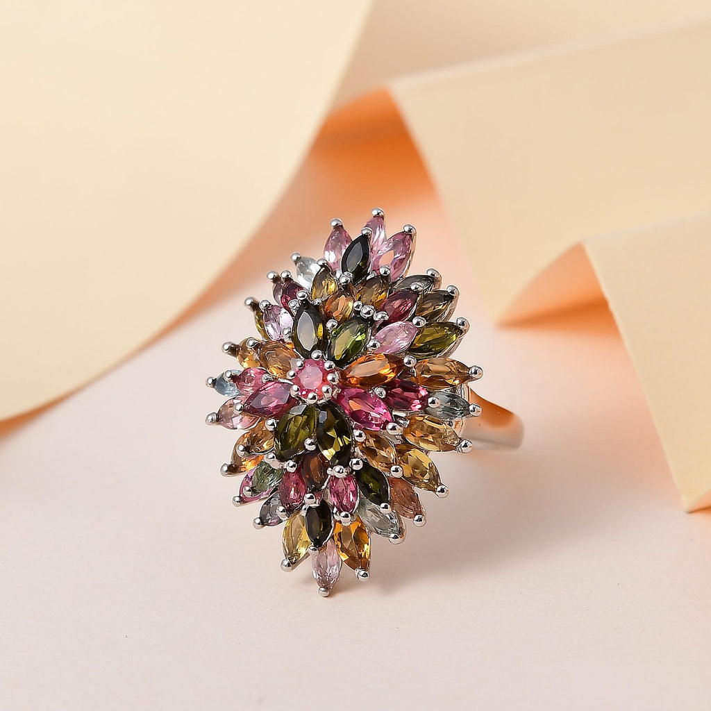 Multi-Tourmaline Cluster Ring in Platinum Overlay Sterling Silver 6.75 Ct, Silver Wt. 7.24 GM