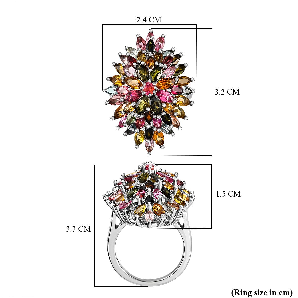 Multi-Tourmaline Cluster Ring in Platinum Overlay Sterling Silver 6.75 Ct, Silver Wt. 7.24 GM 7456955 12