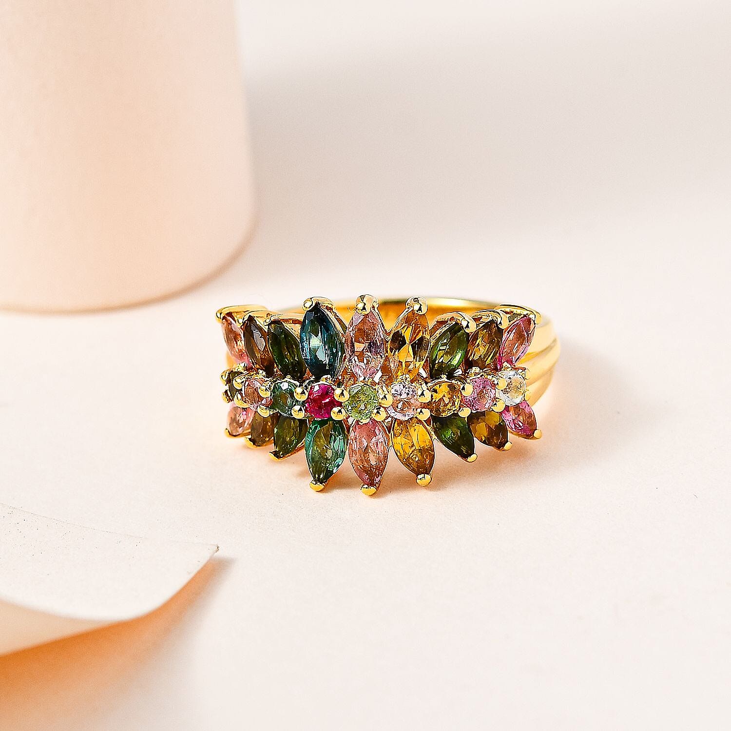 Multi-Tourmaline Cluster Ring in 18K Yellow Gold Vermeil Sterling Silver 2.18 Ct. 7564908 2