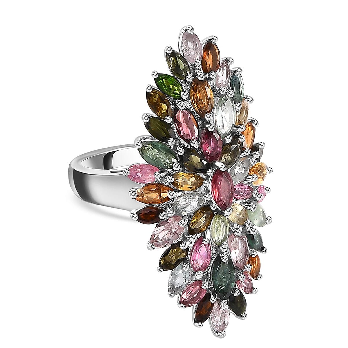 Multi-Tourmaline Cluster Ring in Platinum Overlay Sterling Silver 4.45 Ct, Silver Wt. 5.83 Gms 7624578 0