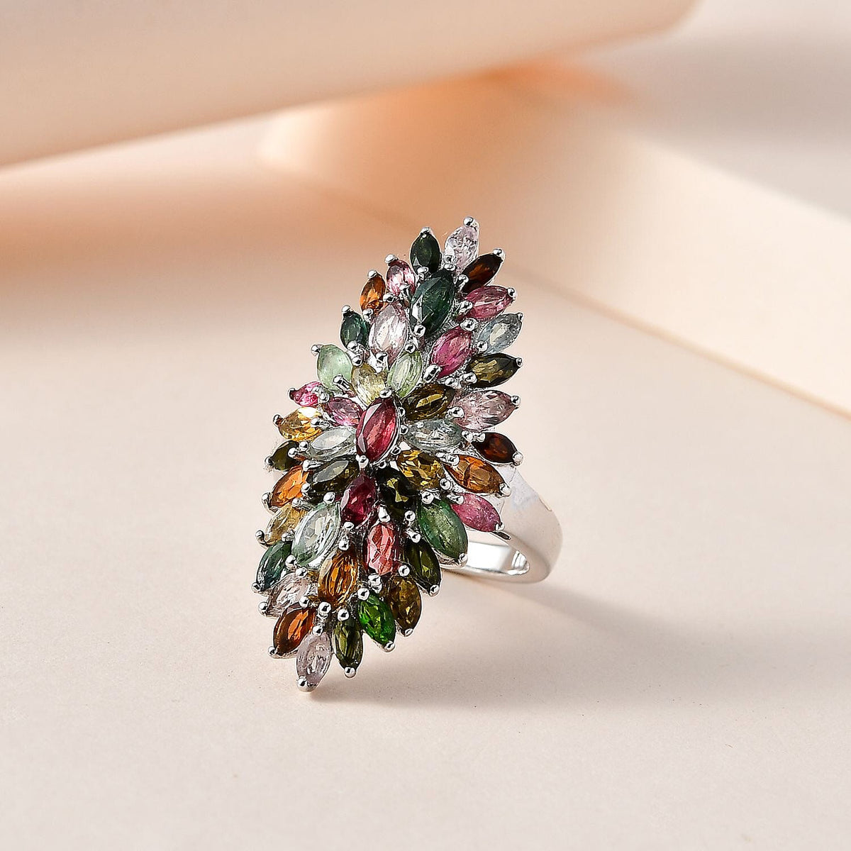 Multi-Tourmaline Cluster Ring in Platinum Overlay Sterling Silver 4.45 Ct, Silver Wt. 5.83 Gms 7624578 1