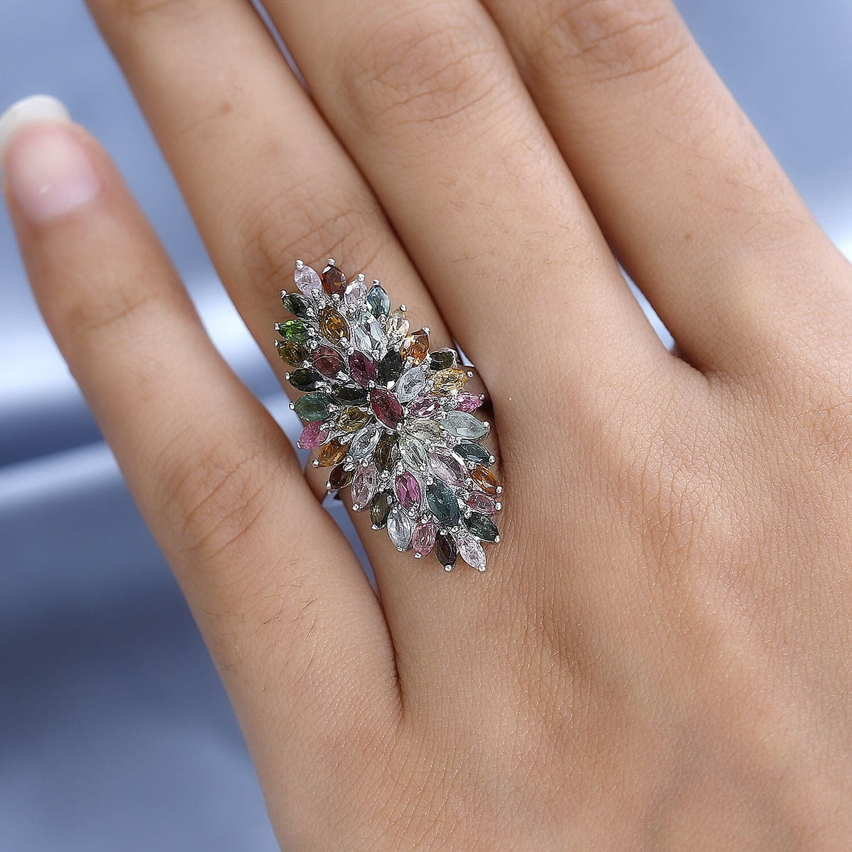Multi-Tourmaline Cluster Ring in Platinum Overlay Sterling Silver 4.45 Ct, Silver Wt. 5.83 Gms 7624578 2