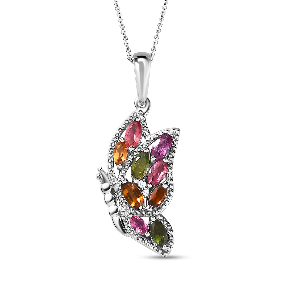 Multi-Tourmaline &amp; Moissanite Butterfly Pendant with Chain (Size 20) in Platinum Overlay Sterling Silver 1.20 Ct. 4208647 0