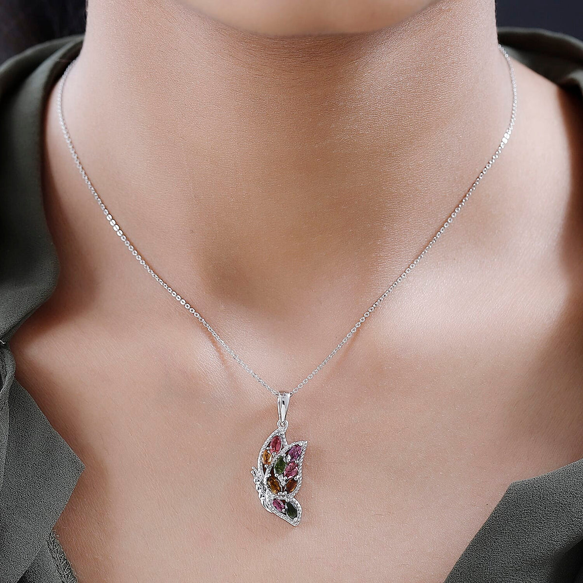 Multi-Tourmaline &amp; Moissanite Butterfly Pendant with Chain (Size 20) in Platinum Overlay Sterling Silver 1.20 Ct. 4208647 2